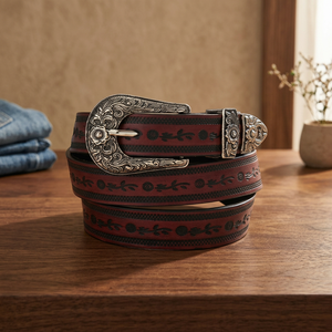 Ceinture en cuir occidental décontractée avec boucle ardillon en alliage, motif floral en peau de vache, durable, largeur 3,5 cm, longueur 110 cm, pour hommes et femmes - Product Image 3