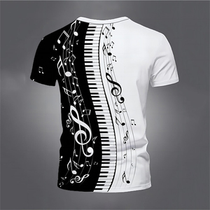 T-shirt da uomo vintage con stampa 3D di note musicali e pianoforte, manica corta - 100% poliestere ecologico, traspirante, taglie forti, moda estiva - Product Image 6