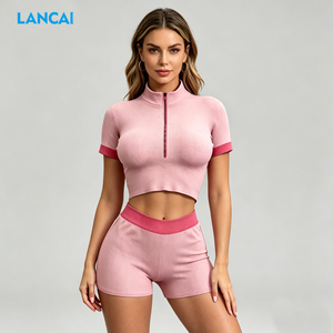 Lancai Custom Zip up Yoga Top and High Waist Shorts Leggings Gym Fitness Sportswear Workout Outfits Two Piece Set Women Clothing - Product Image 3
