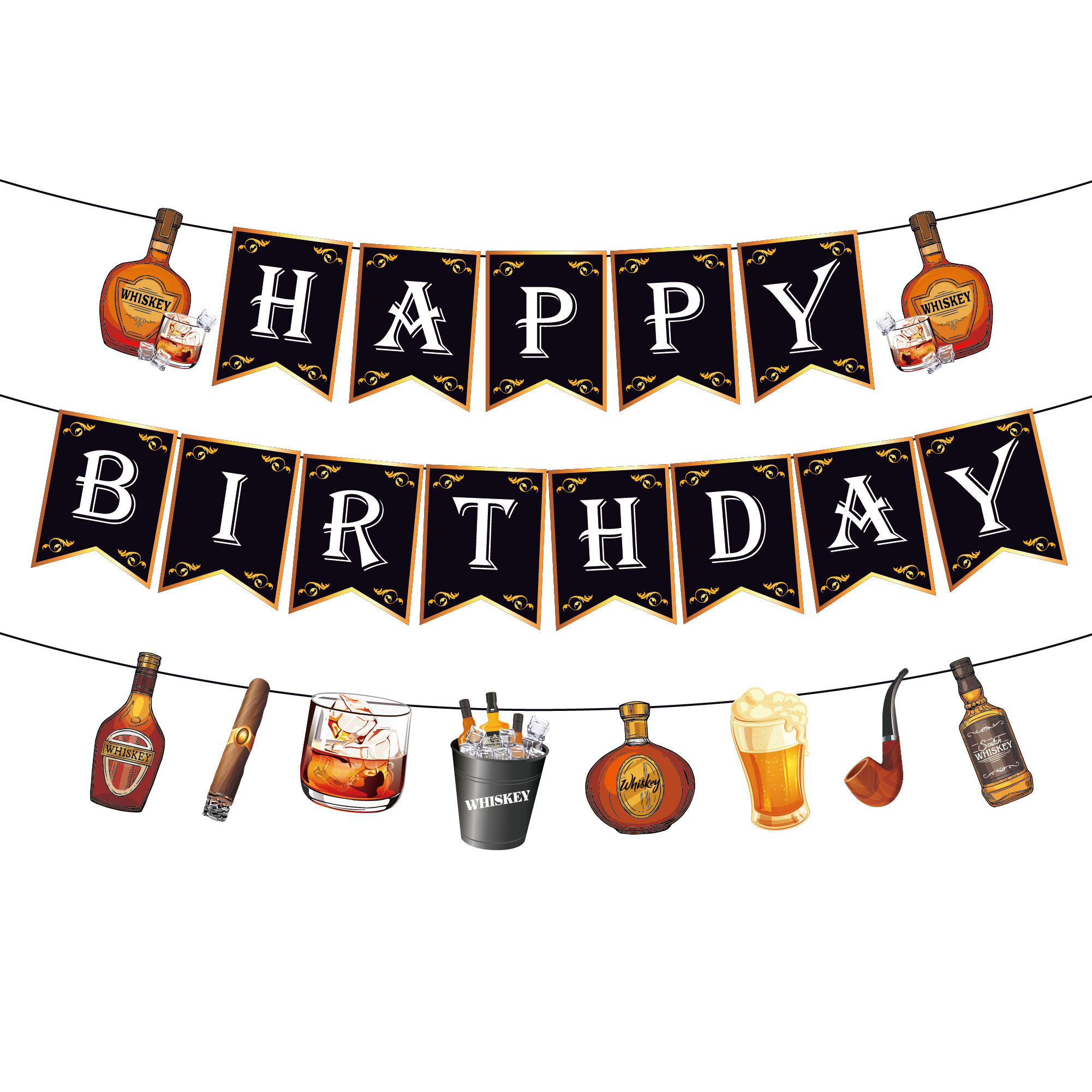Huancai Whiskey Beer Party Happy Birthday Banner Paper Bunting, image size:2001x2000