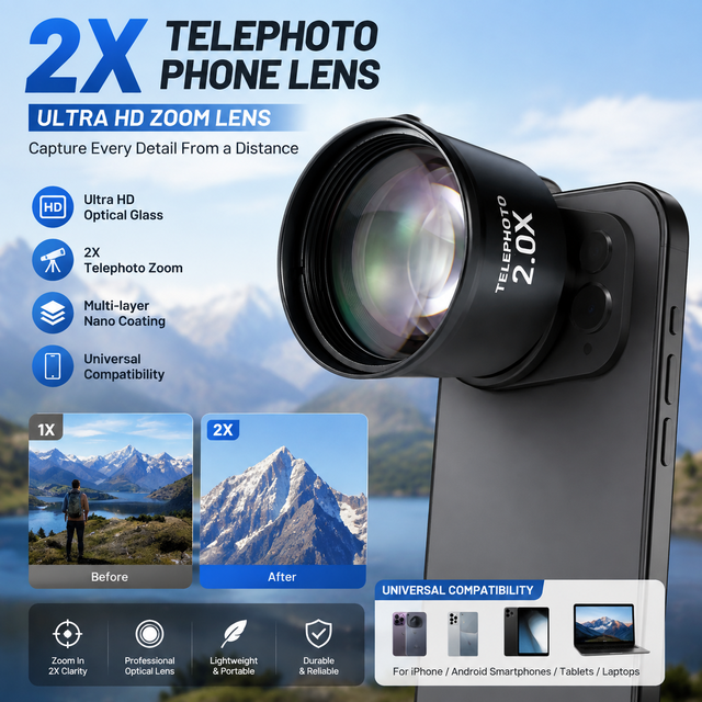 GiAi 2X Telephoto Zoom Telescope Lens Ultra HD Multi Layer Nano Coating HD Optical & Aluminum Alloy Mobile Camera for