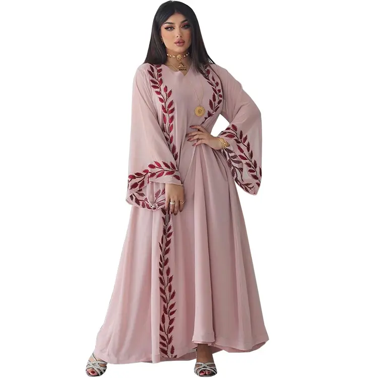 Gaun Wanita Muslim Gaun Panjang Renda Sifon Gaya Perancis Leher Kru Gaun Pengantin Islami dengan Jilbab Wanita Muslim Musim Panas