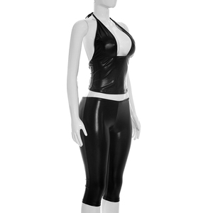 Viviblook Y26ST239 Ensemble d'été pour femme, nouveau, sexy, couleur unie, pull à col en V, veste à empiècements, pantalon court moulant, ensemble deux pièces - Product Image 2