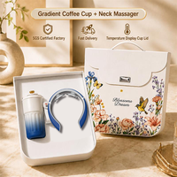 Coffret Cadeau Détente : Mug de Voyage 450ml avec Affichage de Température, Dégradé Blanc Bleu, Masseur Cervical pour Soulagement, Respiration Apaisante, Bien-être et Confort Quotidien