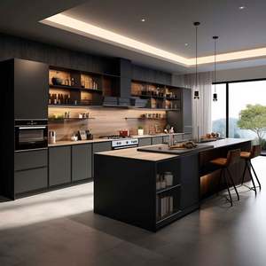 Armoires de cuisine intelligentes de luxe, structure en bois massif, finition laquée, avec îlot incurvé lumineux, armoire ouverte, plan de travail en quartz - Product Image 5