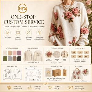 Maglione Oversize da Donna in Maglia Grossa con Ricamo Floreale 3D Crema e Rosa, Spalle Cadenti, Pullover Invernale Personalizzabile - Product Image 3