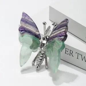 Nuovo Design bellissimo verde viola Fluorite colorato ali di farfalla figurina intaglio artigianato guarigione naturale gemma decorazione per la casa