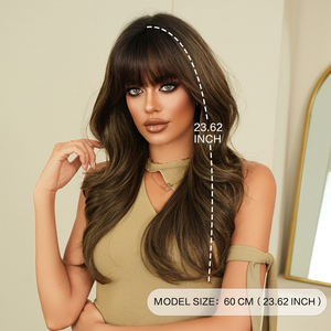 Perruque synthétique résistante à la chaleur pour femmes de 24 pouces <span class=keywords><strong>avec</strong></span> style de vague naturelle, brun fluorescent, <span class=keywords><strong>cheveux</strong></span> bouclés de longueur moyenne et <span class=keywords><strong>frange</strong></span> - Product Image 3