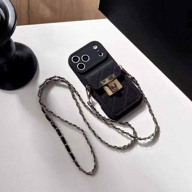 Quilted Leather Card Wallet Phone Case With Crossbody Chain Gold Lock Shockproof Cover For iPhone 6 To 17 Pro Max Series