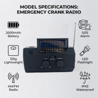 Radio solaire à manivelle 2000 mAh pour charger les téléphones portables et recevoir des alertes météo AM/FM pour les situations d'urgence en cas d'ouragan