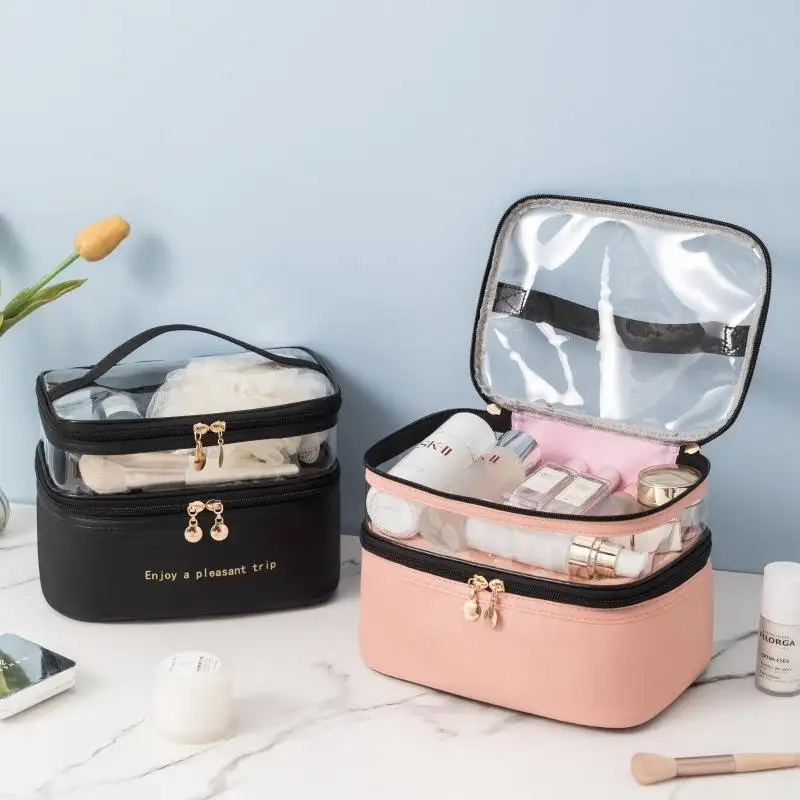 MU donne Necessaries Organizer per il trucco portatile borsa per il trucco a doppio strato ad alta capacità borse trasparenti per le signore