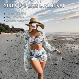 Conjunto de Bikini de 3 Piezas para Niñas con Estampado de Plantas, Top Halter con Cordones, Falda Tejida y Cubrebañador, Spandex/Nylon Transpirable, Tallas 7-12 - Product Image 2