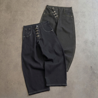 Pantalon en jean unisexe personnalisé à boutons chinois, coupe ample et large, avec surpiqûres contrastées, style streetwear vintage, hip-hop, ourlet incurvé