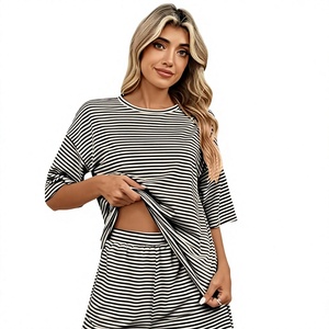Conjunto de 2 Piezas de Shorts de Punto a Rayas para Mujer, Cuello Redondo, Manga Corta, Corte Holgado, Informal, para Primavera, Verano, Uso Diario - Product Image 5