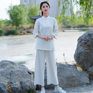 <span class=keywords><strong>Tenue</strong></span> de travail rétro <span class=keywords><strong>chinoise</strong></span> pour salon de beauté, centre de bien-être, costume Tang pour femmes, mélange coton-lin, vêtements de méditation Zen, modèle 2409 - Product Image 4