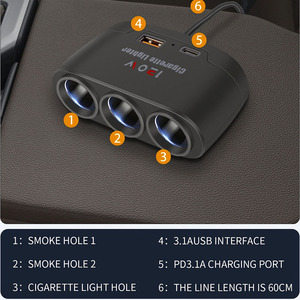 Adaptateur de chargeur de <span class=keywords><strong>voiture</strong></span> 3-en-1, allume-cigare, multiprise, répartiteur de <span class=keywords><strong>prise</strong></span> cigare, double USB, distributeur d'alimentation, pièces intérieures - Product Image 5