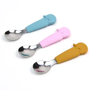 Cuillère de première étape pour l'alimentation de bébé Vaisselle pré-cuillère et fourchette Ensemble d'ustensiles pour tout-petits Cuillères de sevrage en silicone Led pour bébé