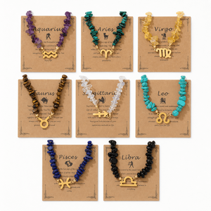 Trendy 12 Burç İşareti Çip Taşlı Kolye, 5x8mm Düzensiz Boncuklar ve 18 Ayar Altın Kaplama Uçlu Kadın & Erkek Kolyesi - Product Image 1
