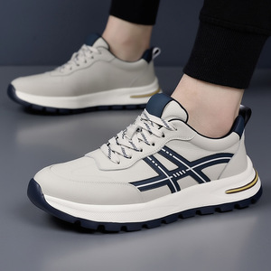 Chaussures de marche pour hommes en cuir véritable avec doublure en maille, talon bas, motif géométrique, respirantes, antidérapantes, résistantes aux chocs et amorties - Product Image 2