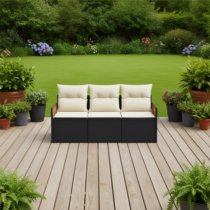 Ensemble de canapés de jardin en rotin moderne 3 places, mobilier d'extérieur, blanc crème et noir, design contemporain - Product Image 2