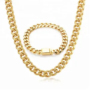 2022 wholesale supplies china stainless steel 18k saudi gold plated filled cuban link chain necklace jewelry sets for men women
