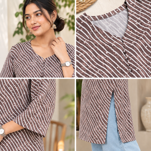 Brown Printed Kurti For Women V Neck Flared Sleeves Side Slit Ethnic <b>Tunic</b> Casual Daily Wear Stylish Indian Fashion Casual <b>Dress</b> - Product Image 3
