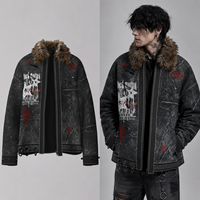 Blouson matelassé personnalisé pour homme en denim noir délavé avec col en fausse fourrure, style punk, vêtement de travail, vêtement d'extérieur streetwear, logo OEM ODM, fournisseurs en gros