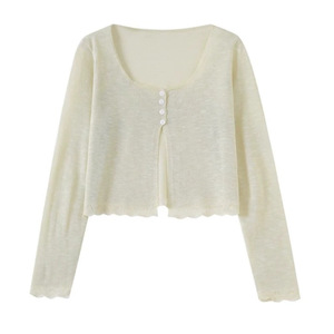Women's Thin Knitted Crop <b>Cardigan</b> Long Sleeve Solid Color Breathable Loose Fit Single Breasted Wavy <b>Edge</b> Top - Product Image 3