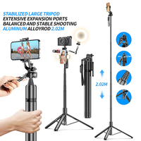 Trépied multifonctionnel pliable C08, bâton à selfie extensible, 2,02 mètres, alliage d'aluminium, tige ultra longue, équilibré et stable
