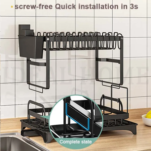 Escurridor de platos Estante para platos Ahorro de espacio Estante para secar platos de 2 niveles con una gran capacidad para mostrador de cocina Negro - Product Image 4