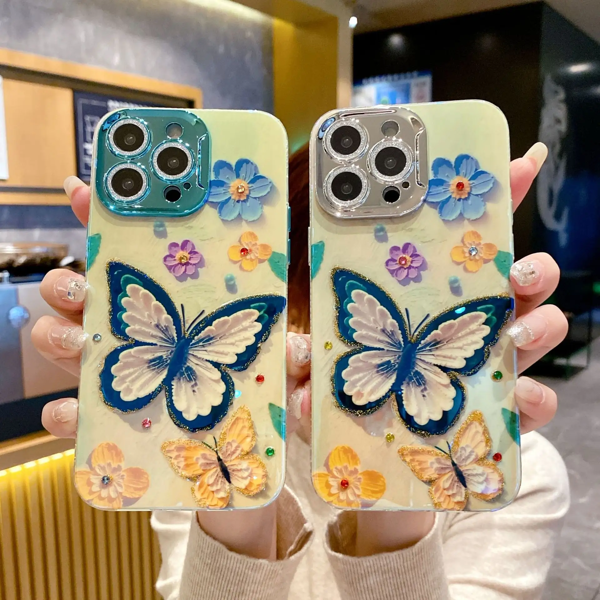 Diseño de lujo Bling Glitter mariposa flor funda de teléfono para iPhone 15 Pro Max 14 13 12 11 con cubierta protectora de lente de cámara