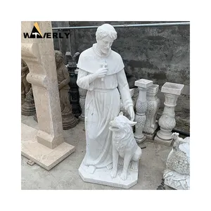 Groothandel Custom Steenhouwen St Francis Van Assisi Standbeeld Wit Marmer St. Francis En De Wolf Van Gubbio Beelden Sculptuur