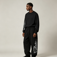 Pantalon de jogging noir à revers élastiques, imprimé graphique Kornit DTG City Spider Web, coutures contrastées, taille à cordon de serrage, style streetwear