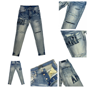 Jeans Stile AMIRY Personalizzati Blu Effetto Vissuto con Ricami e Patchwork a Nastro <span class=keywords><strong>Pantaloni</strong></span> Denim Hip Hop Streetwear da <span class=keywords><strong>Uomo</strong></span> - Product Image 5