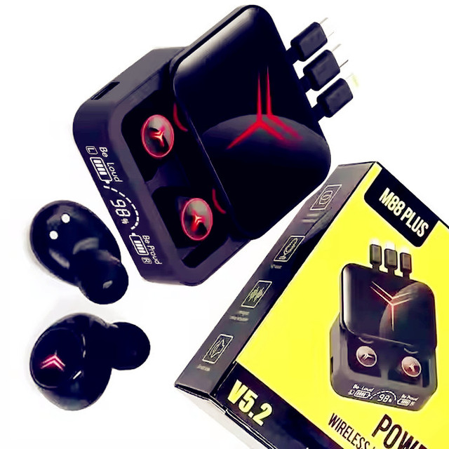 M88 Plus TWS Wireless Earbuds BT Headset with Long Playtime LED Display and 3 Charging Cable Power Bank JL Chipset Low Price