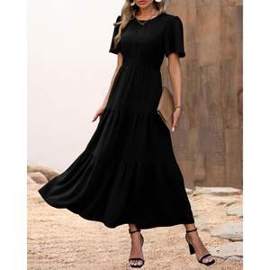 Robe maxi décontractée d'été pour femmes sur mesure, longueur genoux, avec manches bouffantes, col smocké, taille cintrée, design bohème floral à volants - Product Image 5