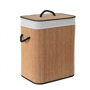 Bamboo Woven <b>Storage</b> <b>Basket</b> With Lid Rectangle Cotton Fabric Portable Clothing Organizer For Laundry And Toys - Product Image 5