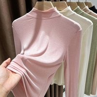T-shirt à col roulé minimaliste en mélange de viscose pour femme, coupe ajustée, couleur unie, élégant, à manches longues, pour le printemps