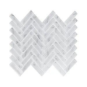White Marble Herringbone Tile Peel and Stick Backsplash, 3D Wall Tile for Kitchen Bathroom