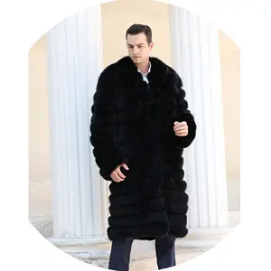Mantel Bulu Rubah Hitam Hangat Musim Dingin Kustom Garis Horizontal Panjang Penuh untuk Pria