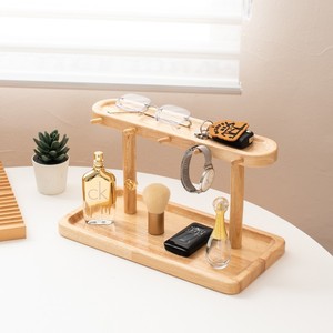 Wooden Desktop Organizer Storage <b>Rack</b> With Tray And Hooks For Keys Watches Glasses Multipurpose Display Stand Natural Color - Product Image 1