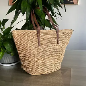 Bolsa de playa personalizada, bolso de playa de paja de verano, de papel Natural Camel con asas planas de PU, nuevo estilo