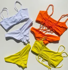 Großhandel Frauen Brasilien High Waisted String White Bikini Zweiteiliger Badeanzug mit rücken freiem Ausschnitt