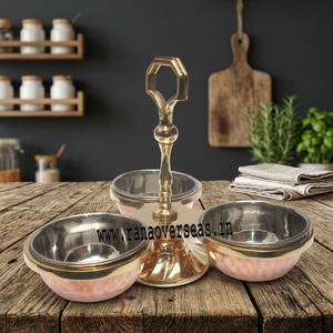 Polished Vintage Round Steel and Copper <b>4</b>-<b>Piece</b> 3-Bowl Compartment Pickle Condiment Holder for Party Restaurant Hotel Home Use - Product Image 3