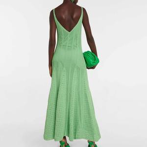 Abito in Maglia Personalizzato Verde con Spalline Sottili, Scollo a V, Traforato, Semplice, Invernale, Linea A, <span class=keywords><strong>Vestito</strong></span> Lungo Casual da Donna - Product Image 3