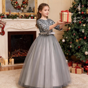 Girls Sequined Tulle Ball Gown Dress Burgundy O-Neck Long Sleeve Flower Girl Dress - Product Image 2