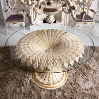 Ensemble de table et chaises de salle à manger rondes en verre avec motif en plumes, en bois massif sculpté, style européen traditionnel de luxe, avec 6 chaises