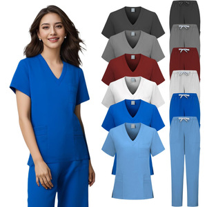 Women's <b>Scrub</b> <b>Set</b> V-Neck Short Sleeve Medical Uniform Moisture Wicking Split Design For Nurses Clinic Workwear Blue Gray Red - Product Image 1