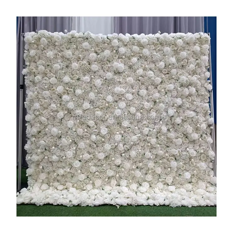 Hochzeit Bühne Event Dekor 3D künstliche Seide weiße Rose Blumen hintergrund Roll Up Flower Wall Hintergrund