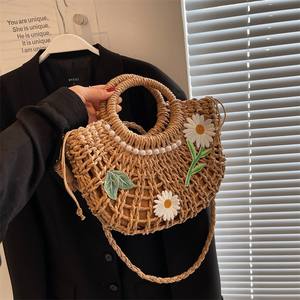 2025 Women's Braided Straw <b>Bag</b> <b>Large</b> Capacity Cotton Handheld <b>Beach</b> Half-Round Crossbody Single Shoulder Fashionable Summer - Product Image 3